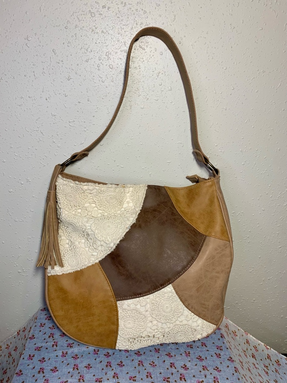 Patchwork & Lace Hobo Bag - Brown/Tan/Cream